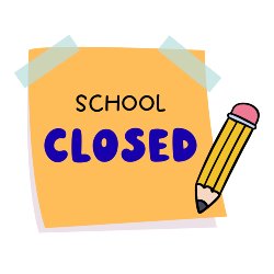 Illustration of an orange sticky note taped at the top with the words “School Closed” written on it. A yellow pencil with a pink eraser is shown next to the note.